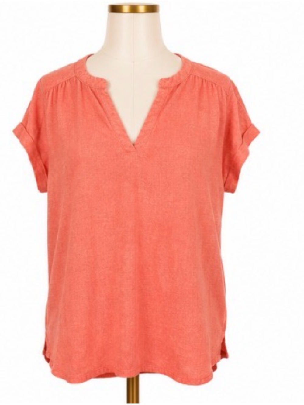Splendid Linen Blend Coral Split Neck High Low Top Size Large